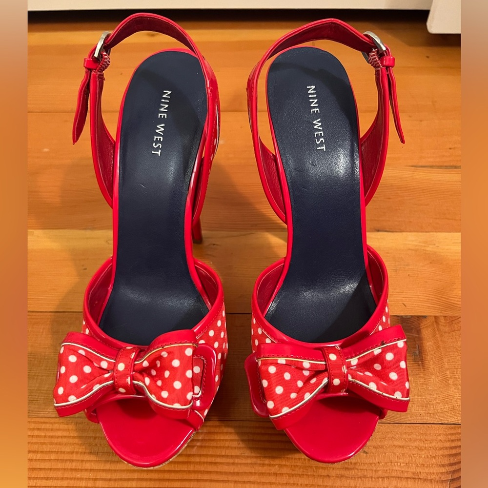Nine West Red Polkadot Peep-Toe Platform Heels